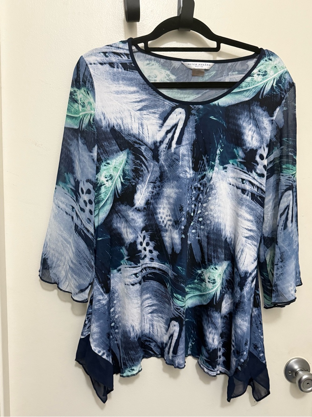 Peter Nygard Navy Blue Printed Chiffon 3/4 sleeves